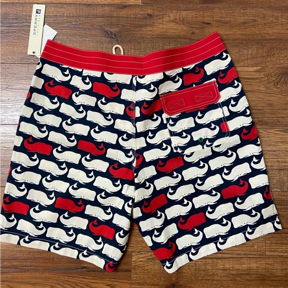 NWT Sperry Top Sider Men's Boardshorts Swim Size 38 Red/White Blue Whales Print